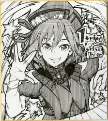 Rule 34 | 1girl, character name, commentary, commentary request, english commentary, english text, greyscale, grin, hair between eyes, hat, highres, instrument, ishida kazuma, keyboard (instrument), long sleeves, looking at viewer, lyrica prismriver, monochrome, shikishi, short hair, smile, solo, star (symbol), star print, touhou, traditional media, upper body