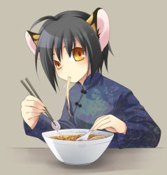 Rule 34 | 1girl, ahoge, allegretto (pixiv), animal ears, bad id, bad pixiv id, bowl, changpao, chinese clothes, chopsticks, eating, food, food in mouth, hato nanawa, holding, holding spoon, kamaboko, narutomaki, noodles, ramen, solo, soup, spoon, tiger ears, yellow eyes