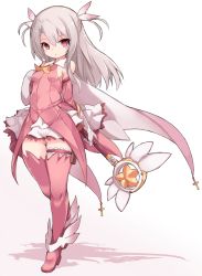 Rule 34 | 1girl, bare shoulders, boots, breasts, commentary request, detached sleeves, fate/kaleid liner prisma illya, fate (series), feather hair ornament, feathers, full body, gloves, gradient background, grey hair, hair ornament, highres, holding, holding wand, illyasviel von einzbern, karukan (monjya), layered skirt, long hair, long sleeves, looking at viewer, magical ruby, parted lips, pink background, pink feathers, pink footwear, pink shirt, pink sleeves, pink thighhighs, prisma illya, romaji commentary, shadow, shirt, skirt, sleeveless, sleeveless shirt, small breasts, solo, standing, thigh boots, thighhighs, two side up, wand, white background, white gloves, white skirt