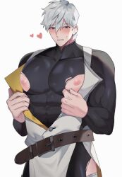 Rule 34 | 1boy, bara, black bodysuit, blue eyes, blush, bodysuit, covered abs, cowboy shot, embarrassed, fate/grand order, fate (series), heart, large belt, large pectorals, looking at viewer, male focus, muscular, muscular male, nipple cutout, nipples, pectorals, percival (fate), seum (kao husband), short hair, shy, sideburns, solo, superman exposure, sweat, sweatdrop, thick eyebrows, torn bodysuit, torn clothes, white hair