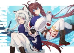 Rule 34 | 2girls, :d, absurdres, ahoge, akabane yu, animal hood, azur lane, blue eyes, blue sky, blush, boots, cat hood, chang chun (azur lane), coat, commentary request, copyright name, cross-laced footwear, day, fang, fingerless gloves, fu shun (azur lane), fur-trimmed coat, fur trim, gloves, hair ornament, hairclip, highres, hood, long hair, looking at viewer, multiple girls, open mouth, pantyhose, pointing, pointing at viewer, purple eyes, sidelocks, silver hair, sky, sleeves past wrists, smile, star (symbol), thighhighs, twintails, typo, very long hair, white legwear, white tiger print