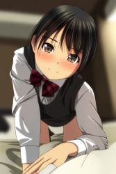 Rule 34 | 1girl, absurdres, all fours, bed sheet, black hair, blurry, blurry background, blush, bow, brown eyes, closed mouth, collared shirt, depth of field, diagonal stripes, head tilt, highres, indoors, long sleeves, looking at viewer, matsunaga kouyou, nose blush, original, red bow, school uniform, shirt, smile, solo, striped, striped bow, sweater vest, white shirt