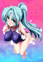 Rule 34 | 1girl, aqua eyes, aqua hair, bare shoulders, blue background, blue one-piece swimsuit, blush, breasts, collarbone, competition swimsuit, eyes visible through hair, facial mark, finger to mouth, forehead mark, hair intakes, impossible clothes, impossible swimsuit, large breasts, lindy harlaown, long hair, looking at viewer, lyrical nanoha, mahou shoujo lyrical nanoha, mature female, multicolored background, multicolored clothes, multicolored swimsuit, one-piece swimsuit, parted bangs, pink background, shiwo, sideboob, skindentation, smile, solo, sparkle, swimsuit, tongue, tongue out, very long hair, white one-piece swimsuit