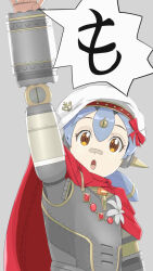 Rule 34 | 1girl, android, arm up, beret, blue hair, grey background, hat, highres, looking back, open mouth, orange eyes, poppi (xenoblade), poppi alpha (xenoblade), red scarf, scarf, simple background, solo, tareme, upper body, wachi 99, white hat, xenoblade chronicles (series), xenoblade chronicles 2
