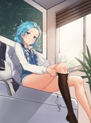 Rule 34 | 1girl, adjusting clothes, adjusting legwear, aliceblue, aqua hair, black thighhighs, window blinds, blue eyes, blue hair, blue necktie, blush, chalkboard, collared shirt, day, equation, feet out of frame, highres, honkai (series), honkai impact 3rd, indoors, jacket, unworn jacket, jewelry, unworn jewelry, lieserl albert einstein, light particles, long sleeves, looking at viewer, lounge, necklace, necktie, open mouth, panties, plant, potted plant, shirt, short hair, sitting, solo, sunlight, sweater vest, thighhighs, thighs, underwear, wavy hair, white panties, white shirt, window