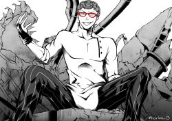 Rule 34 | 1boy, black gloves, curly hair, evil grin, evil smile, fingerless gloves, ghiaccio, glasses, gloves, greyscale, grin, harima13, jojo no kimyou na bouken, male focus, monochrome, pants, ruins, sitting, smile, solo, spot color, striped clothes, striped pants, twitter username