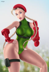 Rule 34 | 1girl, blonde hair, blue eyes, braid, breasts, cammy white, gauntlets, gesture, green leotard, hand in own hair, hand on own hip, hat, highleg, highleg leotard, holster, inkgex, leotard, lips, looking at viewer, medium breasts, name tag, plant, pouch, red gauntlets, red hat, simple background, smile, solo, street fighter, street fighter ii (series), street fighter iv (series), street fighter v, teeth, thick thighs, thigh pouch, thighs, twin braids, wide hips