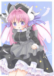 Rule 34 | 1girl, absurdres, apron, blush, bow, breasts, dress, feathers, frilled dress, frills, hair ornament, hairband, hat, hat bow, highres, juliet sleeves, large breasts, lolita hairband, long hair, long sleeves, looking at viewer, misha (pita ten), open mouth, petticoat, pink hair, pita ten, puffy sleeves, purple eyes, rabbit hair ornament, skirt hold, solo, ura guru, very long hair