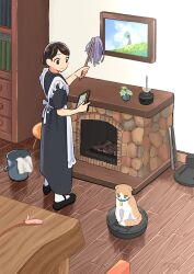 Rule 34 | 1girl, absurdres, apron, black dress, black footwear, bookshelf, brown hair, bucket, cat, cat teaser, chest of drawers, cleaning, commentary request, dress, duster, fireplace, frilled apron, frills, full body, hair bun, hand up, highres, holding, holding photo, indoors, kojiro337, log, looking at animal, looking away, looking to the side, maid, maid apron, mary janes, original, pantyhose, photo (object), picture frame, rag, riding, robotic vacuum cleaner, running bond, shoes, short sleeves, single hair bun, sitting, sitting on object, standing, swept bangs, table, tongs, updo, vacuum cleaner, vase, white apron, white pantyhose, wooden table