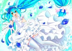 Rule 34 | 1girl, aqua hair, blue flower, blue rose, flower, garter straps, gloves, green eyes, hair ribbon, hand on own chest, hatsune miku, head wreath, long hair, open mouth, outstretched arm, petals, ribbon, rose, salan wrap, solo, thighhighs, twintails, veil, very long hair, vocaloid, white thighhighs