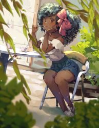 Rule 34 | 1girl, bare arms, bare legs, bare shoulders, black hair, blue skirt, blurry, brown eyes, bush, cake, cake slice, chair, collarbone, cup, curly hair, curvy, dark-skinned female, dark skin, depth of field, diffraction spikes, dutch angle, elbow rest, eyelashes, fingernails, food, food on face, full body, hair ribbon, hand on own cheek, hand on own face, head rest, highres, holding, holding spoon, indoors, leaf, legs together, lips, looking at viewer, nachoz (nachozart), nail polish, off-shoulder shirt, off shoulder, on chair, original, pink nails, pink ribbon, plant, plate, pleated skirt, ribbon, saucer, shadow, shirt, shirt tucked in, shoes, sitting, skirt, smile, solo, spoon, strawberry shortcake, table, teacup, teapot, thick lips, thick thighs, thighs, vans, very dark skin, white footwear, white shirt
