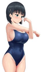 Rule 34 | 1girl, absurdres, ariatorai, black hair, blue eyes, bob cut, breasts, closed mouth, commentary request, covered navel, groin, hair ornament, hairclip, highres, kirigaya suguha, large breasts, school swimsuit, short hair, sideboob, solo, stretching, swimsuit, sword art online, white background