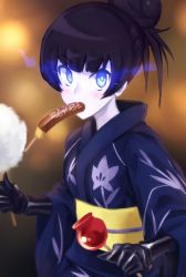 Rule 34 | 10s, 1girl, abyssal ship, alternate costume, alternate hairstyle, apple, bad id, bad pixiv id, banana, banana popsicle, black hair, blue eyes, blush, candy apple, chocolate banana, colored skin, cotton candy, dark persona, festival, food, food in mouth, fruit, gauntlets, gloves, glowing, glowing eyes, hair bun, holding, japanese clothes, kantai collection, kimono, light cruiser oni, long hair, looking at viewer, mouth hold, obi, pale skin, sash, single hair bun, solo, weasel (close-to-the-edge), white skin, yukata