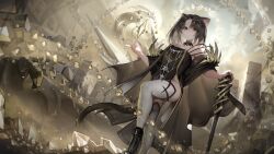 Rule 34 | 1girl, abstract background, animal ears, ankle boots, arknights, armor, black cape, black dress, black footwear, black hair, boots, brown background, cane, cape, cat ears, cat girl, commentary, dress, hand up, highres, magic, mandragora (arknights), off-shoulder dress, off shoulder, parted bangs, pillar, ribiadan, rock, short hair, shoulder armor, side slit, solo, thighhighs, white thighhighs, yellow eyes