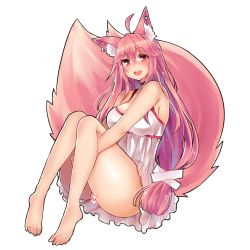 Rule 34 | 1girl, ahoge, animal ear fluff, animal ears, bare legs, barefoot, black outline, breasts, camisole, censored, choker, dress, ear piercing, fox ears, fox tail, hands under legs, heart, heart censor, large breasts, large tail, long hair, looking at viewer, low tied hair, no panties, open mouth, original, osiimi, outline, piercing, pink hair, pussy, red eyes, red ribbon, ribbon, ribbon choker, sidelocks, simple background, sitting, smile, solo, spaghetti strap, swept bangs, tail, very long hair, white background