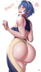 Rule 34 | 1girl, absurdres, alternate costume, alternate hair length, alternate hairstyle, arcedo, ass, ass cutout, ass focus, bare shoulders, blue eyes, blue hair, blush, breasts, clothing cutout, embarrassed, fire emblem, fire emblem awakening, from behind, from below, hairband, heart cutout, highres, huge ass, looking at viewer, lucina (fire emblem), medium breasts, nintendo, open mouth, short hair, sideboob, solo, sports bra, surprised, thick thighs, thighs, thong
