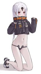 Rule 34 | 1girl, abigail williams (fate), abigail williams (swimsuit foreigner) (first ascension) (fate), abigail williams (traveling outfit) (fate), black jacket, black panties, closed mouth, commentary request, cropped jacket, fate/grand order, fate (series), full body, hands up, heroic spirit traveling outfit, jacket, kopaka (karda nui), long hair, long sleeves, looking at viewer, navel, official alternate costume, panties, pinching sleeves, ponytail, red eyes, shadow, shoes, sleeves past wrists, solo, underwear, very long hair, white background, white footwear, white hair