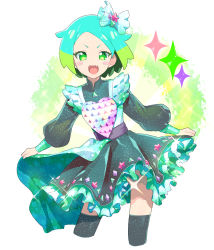 Rule 34 | 1girl, aqua hair, character request, copyright request, cropped legs, dress, fang, frilled dress, frills, green dress, green eyes, green hair, highres, holding, holding clothes, holding dress, long sleeves, looking at viewer, moudoku (decopon3rd), multicolored hair, open mouth, puffy long sleeves, puffy sleeves, short eyebrows, short hair, solo, sparkle, sparkle print, thighhighs, two-tone hair, upper body