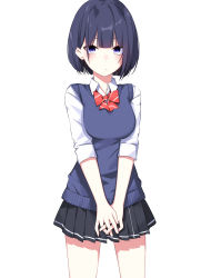 Rule 34 | 1girl, absurdres, black hair, black skirt, blue sweater vest, blush, bob cut, bow, breasts, collared shirt, commentary request, cowboy shot, highres, ichiki 1, long sleeves, looking at viewer, medium breasts, original, pleated skirt, purple eyes, red bow, shirt, short hair, simple background, skirt, solo, standing, sweater vest, uniform, white background, white shirt