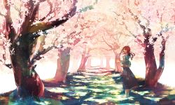 Rule 34 | 1girl, barefoot, cherry blossoms, dress, forest, grass, highres, jacket, long hair, nature, nora (kukumaka23), red hair, solo, sweater jacket, wavy hair
