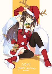 Rule 34 | 10s, 1girl, 2014, ;p, alternate costume, antlers, armpits, bell, black eyes, black thighhighs, boots, brown hair, character name, christmas, detached sleeves, dojikko pose, double bun, hair bun, hao (patinnko), hat, highres, horns, kantai collection, kongou (kancolle), long hair, looking at viewer, merry christmas, one eye closed, red footwear, reindeer antlers, revision, sack, santa costume, santa hat, sitting, solo, thighhighs, tongue, tongue out, zettai ryouiki