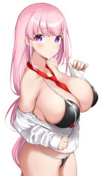 Rule 34 | 1girl, absurdres, bare shoulders, between breasts, bikini, black bikini, blue archive, breasts, collarbone, eimi (blue archive), highres, large breasts, necktie, necktie between breasts, open clothes, open shirt, partially unbuttoned, pink eyes, pink hair, red necktie, simple background, swept bangs, swimsuit, unbuttoned, unbuttoned shirt, user dnca2272, white background, zipper, zipper bikini, zipper pull tab