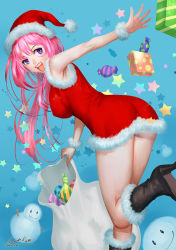 Rule 34 | 10s, 1girl, 2015, :d, ariverkao, armpits, artist name, ass, black footwear, blue background, boots, box, breasts, candy, christmas, covered erect nipples, dated, dress, food, fur-trimmed boots, fur trim, gift, gift box, hat, high heel boots, high heels, holding, impossible clothes, impossible dress, knee boots, long hair, looking back, open mouth, original, palms, pink hair, polka dot, pom pom (clothes), red dress, red hat, sack, santa costume, santa hat, shoe soles, shoes, short dress, signature, sleeveless, sleeveless dress, smile, snowman, solo, spread fingers, standing, standing on one leg, star (symbol), striped, teeth, throwing, wrist cuffs