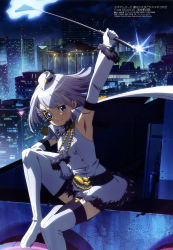 Rule 34 | 1girl, absurdres, arm up, armpits, building, city, city lights, cityscape, closed mouth, detached sleeves, eyepatch, garrison cap, gloves, hat, highres, holding, holding riding crop, holding weapon, izumi kanagi, looking at viewer, magia record: mahou shoujo madoka magica gaiden, mahou shoujo madoka magica, megami magazine, monocle, night, official art, purple eyes, riding crop, scan, shirt, sitting, skirt, smile, solo, tassel, thighhighs, uniform, weapon, white gloves, white hair, white shirt, white skirt, white thighhighs, zettai ryouiki