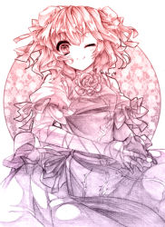 Rule 34 | 1girl, bad id, bad pixiv id, bandages, bun cover, cheong ha, double bun, female focus, flower, graphite (medium), ibaraki kasen, looking at viewer, mixed media, monochrome, one eye closed, rose, smile, solo, steepled fingers, tabard, touhou, traditional media, wild and horned hermit