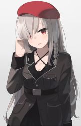 Rule 34 | 1girl, :o, belt, beret, black jacket, braid, breasts, g36c (girls&#039; frontline), girls&#039; frontline, grey hair, hair over one eye, hand in own hair, hat, highres, hinami047, jacket, long hair, looking at viewer, military, military uniform, red eyes, red hat, solo, standing, uniform, white background