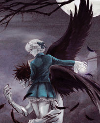 Rule 34 | 1boy, 1girl, alice elliot, angel wings, battle, black wings, bloomers, blue dress, blue eyes, blue ribbon, book, bow, branch, brown hair, claws, closed mouth, couple, demon, determined, dress, energy, facing away, facing to the side, feathers, fight, fighting stance, frilled dress, frilled skirt, frills, full moon, glowing, glowing hand, hair bow, hair bun, hair ornament, hair ribbon, hair tie, hand up, happy, holding, holding book, long sleeves, looking ahead, looking to the side, magic, moon, nichi togi, night, outdoors, red eyes, ribbon, shadow hearts, short hair, side-by-side, single hair bun, sitting, skirt, sky, smile, spiked hair, standing, sun gaya, tattoo, thighhighs, topless, tree, underwear, white hair, white thighhighs, wings, yuri hyuga