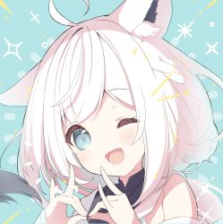 Rule 34 | 1girl, ;d, ahoge, animal ear fluff, animal ears, bare shoulders, blue background, blue eyes, commentary request, double fox shadow puppet, fox ears, fox girl, fox shadow puppet, fox tail, hands up, highres, hololive, long hair, looking at viewer, one eye closed, open mouth, p19, shirakami fubuki, shirakami fubuki (1st costume), smile, solo, tail, tail raised, upper body, virtual youtuber, white hair