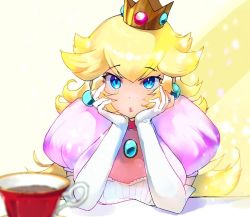 Rule 34 | 1girl, :/, blonde hair, blue eyes, blue gemstone, breasts, brooch, closed mouth, crown, cup, dot nose, earrings, elbow gloves, eyelashes, flipped hair, gem, gloves, hands on own face, head rest, jewelry, large breasts, lips, long hair, looking at viewer, mario (series), nintendo, pink shirt, princess, princess peach, puffy short sleeves, puffy sleeves, shiny clothes, shirt, short sleeves, solo, super mario bros. 1, tea, teacup, umesyu nomitai, upper body, white background, white gloves, yellow background