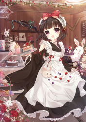 Rule 34 | 1girl, :d, absurdres, alternate costume, animal, apron, black kimono, black skirt, blueberry, blunt bangs, blurry, blurry background, blush, boots, bow, brown footwear, brown hair, cafe, cake, cake slice, chocolate cake, clothing cutout, commentary, cross-laced footwear, cup, danby merong, depth of field, enmaided, fang, flower, food, fork, frilled apron, frilled hairband, frilled skirt, frills, fruit, girls&#039; frontline, hair bow, hairband, heart, highres, holding, holding fork, holding tray, indoors, japanese clothes, kimono, knee boots, korean text, lace-up boots, long sleeves, m99 (girls&#039; frontline), maid, maid apron, mug, name connection, object namesake, open mouth, plant, potted plant, purple eyes, rabbit, red bow, red flower, red rose, ribbon-trimmed sleeves, ribbon trim, rose, short hair, short kimono, shoulder cutout, sign, signature, skirt, smile, solo, sparkle, strawberry, strawberry shortcake, striped, tiered tray, translation request, tray, vertical stripes, wa maid, white apron, white flower, wide sleeves, zijiang m99