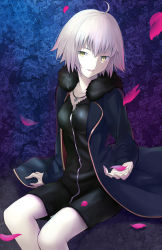 Rule 34 | 1girl, ahoge, arm support, besmiled, black coat, black dress, blunt bangs, coat, collarbone, dress, fate/grand order, fate (series), fur trim, hair between eyes, highres, jeanne d&#039;arc (fate), jeanne d&#039;arc alter (fate), jeanne d&#039;arc alter (ver. shinjuku 1999) (fate), jewelry, looking at viewer, necklace, official alternate costume, open mouth, pixiv fate/grand order contest 1, red petals, short dress, short hair, silver hair, sitting, solo, yellow eyes