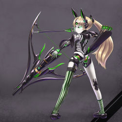 Rule 34 | 1girl, android, animal ears, arrow (projectile), asymmetrical clothes, bird tail, blonde hair, bow (weapon), colored skin, garter straps, glowing, glowing eyes, green eyes, green nails, highres, joints, long hair, musen-shiki sanhankikan, nail polish, parted bangs, ponytail, robot joints, single thighhigh, socks, solo, striped clothes, striped socks, striped thighhighs, tail, thighhighs, third eye, vertical-striped clothes, vertical-striped thighhighs, very long hair, weapon, white skin