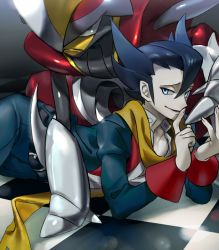 Rule 34 | 1boy, belt, bisharp, black hair, buttons, checkered floor, commentary request, creatures (company), fingernails, game freak, gen 5 pokemon, grimsley (pokemon), gyakumushi, hair between eyes, jacket, long sleeves, looking to the side, lying, male focus, nintendo, pants, partially unbuttoned, pokemon, pokemon (creature), pokemon bw, raised eyebrows, scarf, shirt, short hair, smile, spiked hair, white shirt, yellow scarf