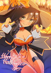 Rule 34 | 1girl, alternate costume, alternate hairstyle, ayuman, bat ornament, black hair, black hat, black jacket, bow, bowtie, braid, breasts, cleavage, dated, dress, hair ornament, hair over shoulder, hairclip, halloween, happy halloween, hat, highres, jacket, kantai collection, large breasts, long hair, orange bow, orange bowtie, orange dress, orange thighhighs, oyashio (kancolle), single braid, smile, solo, thighhighs, witch, witch hat, yellow eyes