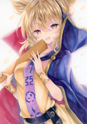 Rule 34 | 1girl, :d, \||/, absurdres, beige shirt, blonde hair, bloom, bracelet, breasts, cape, eyebrows hidden by hair, eyes visible through hair, hair between eyes, highres, jewelry, looking at viewer, medium breasts, natsume nadeshiko, open mouth, pointy hair, ritual baton, simple background, smile, solo, touhou, toyosatomimi no miko, traditional media, upper body, white background, yellow eyes