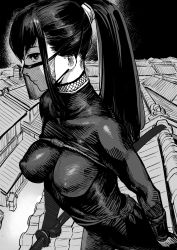 Rule 34 | 1girl, bodysuit, breasts, city, covered erect nipples, greyscale, highres, holding, holding sword, holding weapon, ichiren takushou, katana, long hair, looking at viewer, mask, mole, mole under eye, monochrome, original, outdoors, ponytail, see-through, sheath, sheathed, smile, solo, sword, weapon