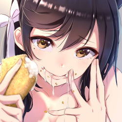 Rule 34 | 1girl, atago (azur lane), azur lane, black hair, blurry, blush, breasts, brown eyes, collarbone, cream, crumbs, depth of field, finger to mouth, fingernails, food, food on body, food on face, hair ribbon, hand on own face, highres, holding, holding food, lips, long hair, looking at viewer, mappaninatta, mole, mole under eye, nude, pastry, pink lips, portrait, ribbon, sexually suggestive, small breasts, solo, tsurime, upper body, white ribbon