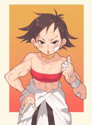 Rule 34 | 1girl, arm up, bandage on face, bandages, bandaid, border, choker, dougi, gradient background, hand on own hip, highres, inkerton-kun, karate gi, looking at viewer, makoto (street fighter), muscular, muscular female, open mouth, orange background, red background, red sports bra, ribbon choker, short hair, solo, sports bra, street fighter, street fighter iii (series), street fighter iv (series), tomboy, yellow border