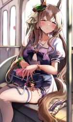 Rule 34 | 1girl, :o, absurdres, animal ears, bag, blouse, blunt bangs, bracelet, cellphone, character request, closed eyes, highres, holding, holding phone, horse ears, horse girl, horse tail, indoors, iphone, iphone 12 pro, jewelry, long hair, open mouth, phone, purple shirt, sak (lemondisk), satono diamond (umamusume), school bag, school uniform, shirt, sleeping, sleeping upright, smartphone, solo, tail, thighhighs, tracen school uniform, train interior, umamusume, white thighhighs
