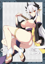 Rule 34 | 1girl, aged up, ass, blush, breasts, censored, dragon girl, dragon horns, fate/grand order, fate (series), folding fan, hair between eyes, hair ornament, hand fan, highres, horns, japanese clothes, kiyohime (fate), kiyohime (third ascension) (fate), large breasts, lips, long hair, looking at viewer, mosaic censoring, multiple horns, nipples, open clothes, pussy, puuzaki puuna, red eyes, sandals, smile, solo, white hair
