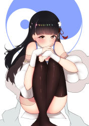 Rule 34 | 1girl, absurdres, azur lane, blush, china dress, chinese clothes, commentary request, covered mouth, dress, hair ornament, hand on own knee, highres, knees up, long hair, looking at viewer, misonikomi, sitting, thighhighs, white dress, yat sen (azur lane), yin yang