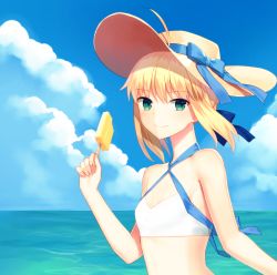 Rule 34 | 1girl, ahoge, artoria pendragon (all), artoria pendragon (fate), artoria pendragon (swimsuit archer) (first ascension) (fate), bikini, blonde hair, blue ribbon, blue sky, breasts, cleavage, cloud, day, fate/grand order, fate (series), food, green eyes, hair ribbon, halterneck, hat, hat ribbon, highres, holding, ice cream, looking at viewer, ocean, outdoors, ribbon, saber (fate), short hair with long locks, sidelocks, sky, small breasts, smile, solo, standing, straw hat, sun hat, swimsuit, upper body, white bikini, yaho (yaho0211)