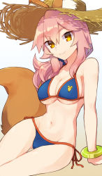Rule 34 | 1girl, :3, agsen, animal ears, arm support, bikini, blue bikini, bracelet, breasts, cleavage, commentary request, ears through headwear, fate/grand order, fate (series), fox ears, fox tail, groin, hat, jewelry, long hair, looking at viewer, low ponytail, navel, pink hair, scrunchie, side-tie bikini bottom, sidelocks, simple background, sitting, solo, straw hat, swimsuit, tail, tamamo (fate), tamamo no mae (fate/extra), tamamo no mae (swimsuit lancer) (fate), thigh gap, underboob, yellow eyes
