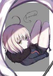 Rule 34 | 1girl, ahoge, bare legs, black panties, boots, cape, colored skin, commentary request, fate/grand order, fate (series), fur-trimmed cape, fur collar, fur trim, grey background, hair between eyes, highres, jeanne d&#039;arc (fate), jeanne d&#039;arc alter (avenger) (fate), jeanne d&#039;arc alter (fate), kaname (melaninusa09), knee boots, legs together, long sleeves, looking at viewer, lying, on back, panties, short hair, signature, silver hair, solo, teeth, underwear, white skin, yellow eyes