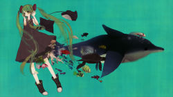 Rule 34 | 1girl, ankle boots, aqua background, bare arms, boots, coral, dolphin, dress, fish, green eyes, green hair, hatsune miku, long hair, manta ray, matching hair/eyes, meisa, necktie, sleeveless, sleeveless dress, solo, sora no sakana (vocaloid), tropical fish, turtle, twintails, very long hair, vocaloid