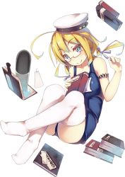 Rule 34 | 10s, 1girl, blonde hair, blue eyes, book, breasts, full body, glasses, hair ribbon, hat, i-8 (kancolle), kantai collection, looking at viewer, no shoes, official art, one-piece swimsuit, personification, red-framed eyewear, ribbon, school swimsuit, smile, solo, swimsuit, syobonne, thighhighs, torpedo, transparent background, twintails, white thighhighs